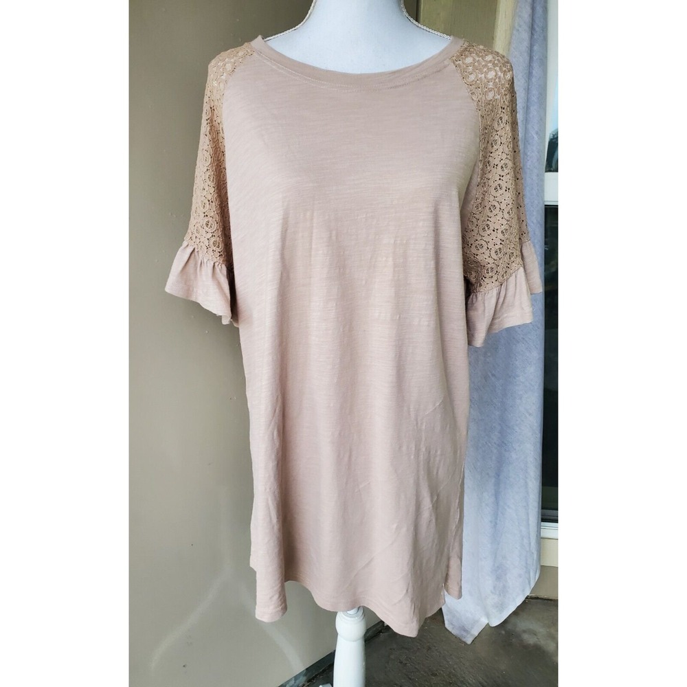 Suzanne Betro Tunic Womens XL Beige Lace Crochet Floral Ruffle Short‎ Sleeve